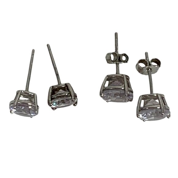 Two Pairs of 925 Sterling Silver Round CZ Stud Earrings 8mm 7mm Basket Prong Set - Picture 2 of 6